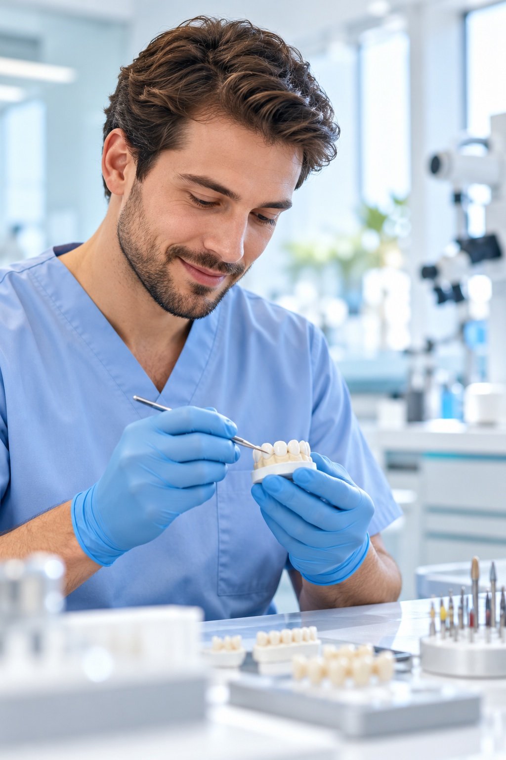 Illustrative image of a dental technician examining a tooth model